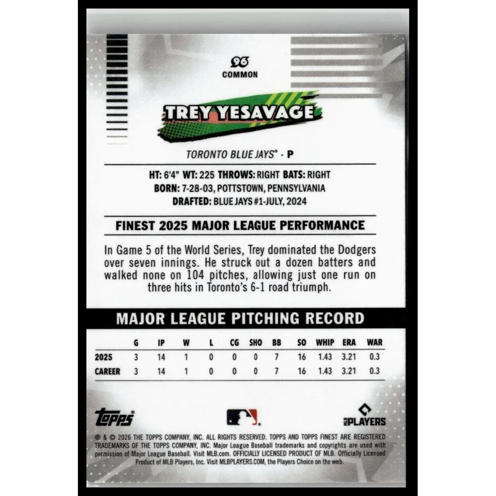 2026 Finest Trey Yesavage #96 Toronto Blue Jays Yellow Refractors Rookie #/275